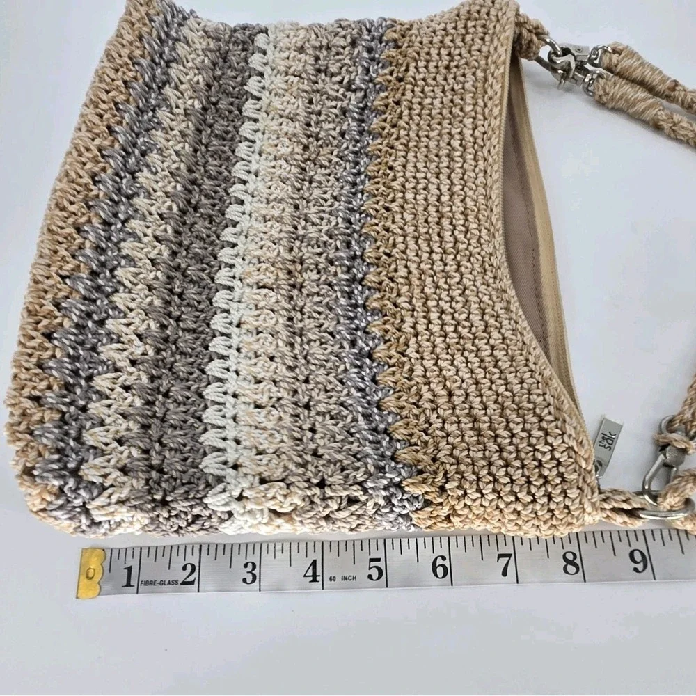 The Sak Crochet Shoulder Bag Tan Brown Striped Boho Purse Detachable Straps